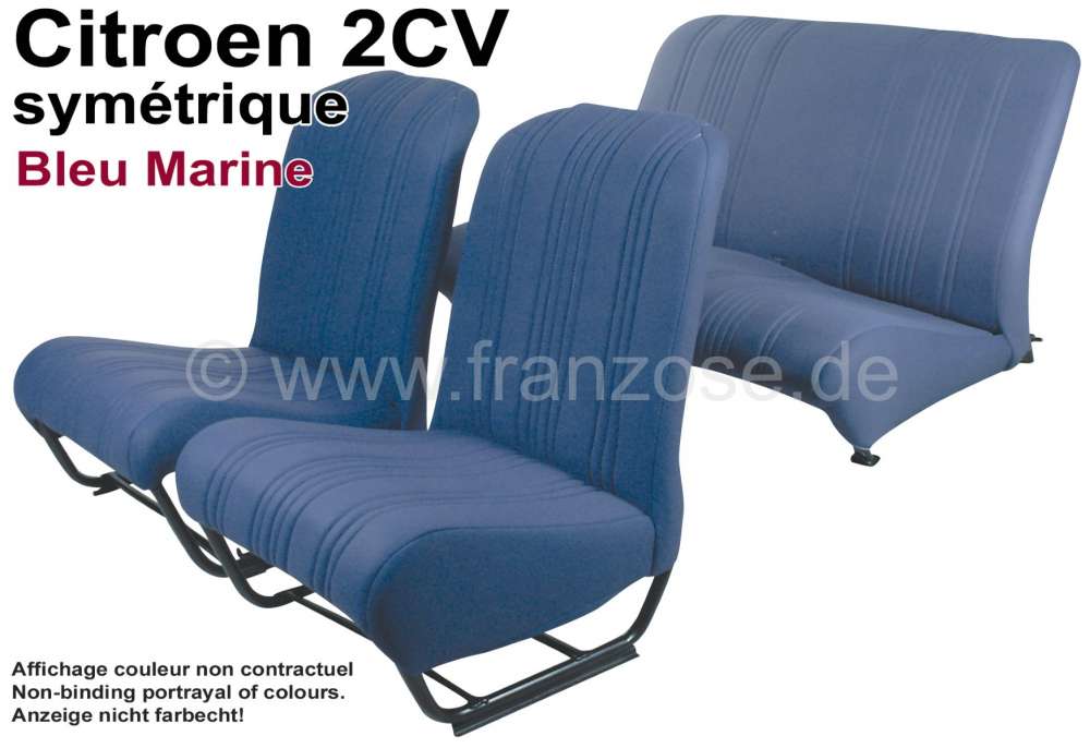 Citroen-2CV - garnitures de sièges bleues, Citroën 2cv, jeu complet (avant + arrière), dossiers symé