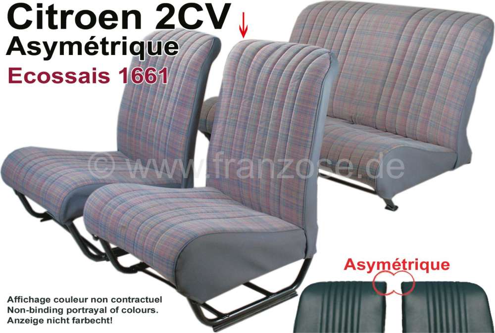 Citroen-2CV - garnitures de sièges, jeu complet (avant + arrière), 2CV6 Club (asymétrique), bleu-gris