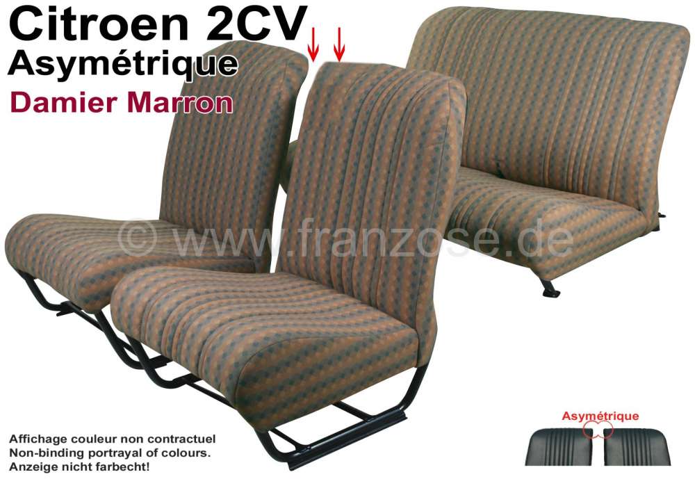 Citroen-2CV - garnitures de sièges marron, Citroën 2cv, jeu complet (avant + arrière), dossiers asym�