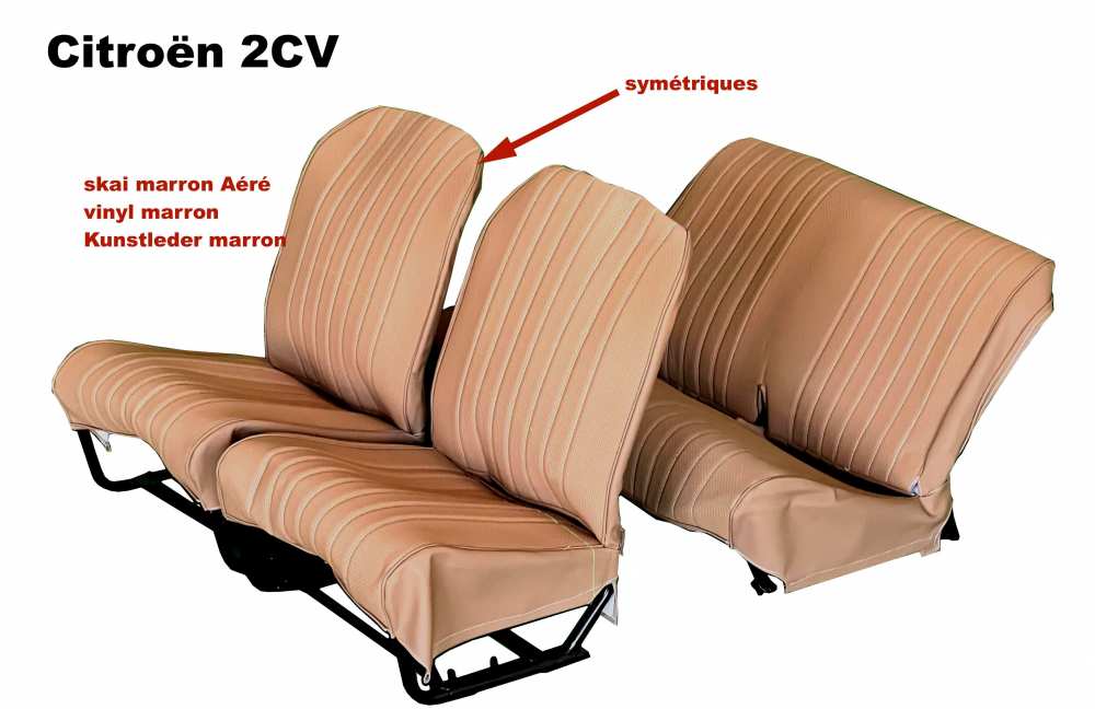Alle - garnitures de sièges marron, Citroën 2cv, jeu complet (avant + arrière), dossiers symé