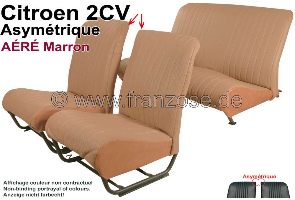 Citroen-2CV - garnitures de sièges marron, Citroën 2cv, jeu complet (avant + arrière), dossiers asym