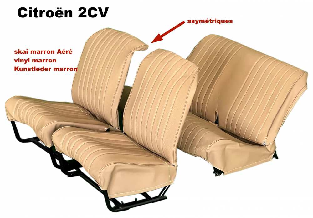 Citroen-2CV - garnitures de sièges marron, Citroën 2cv, jeu complet (avant + arrière), dossiers asym�