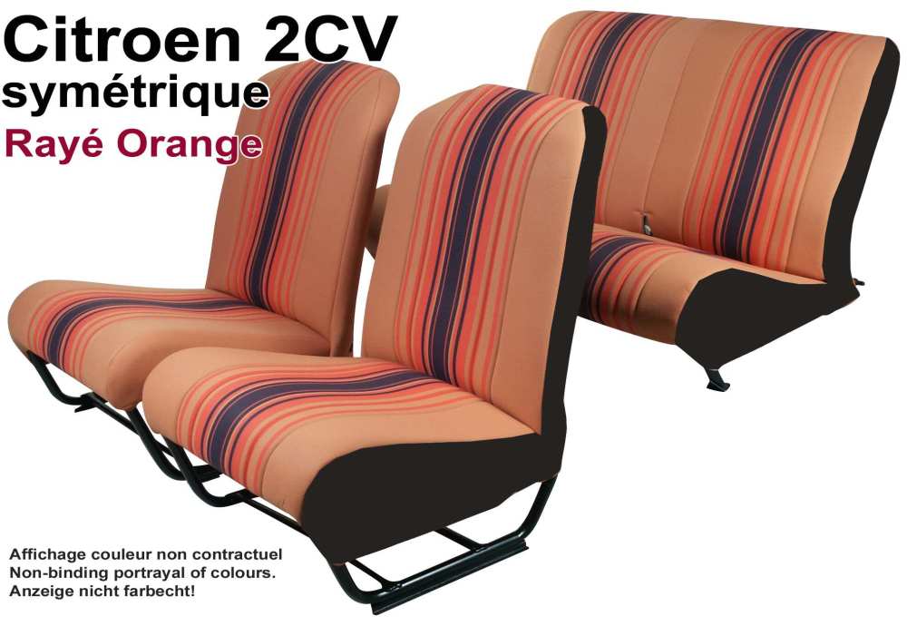 Renault - garnitures de sièges orange, Citroën 2cv, jeu complet (avant + arrière), dossiers symé
