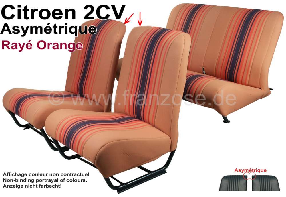 Renault - garnitures de sièges orange, Citroën 2cv, jeu complet (avant + arrière), dossiers asym