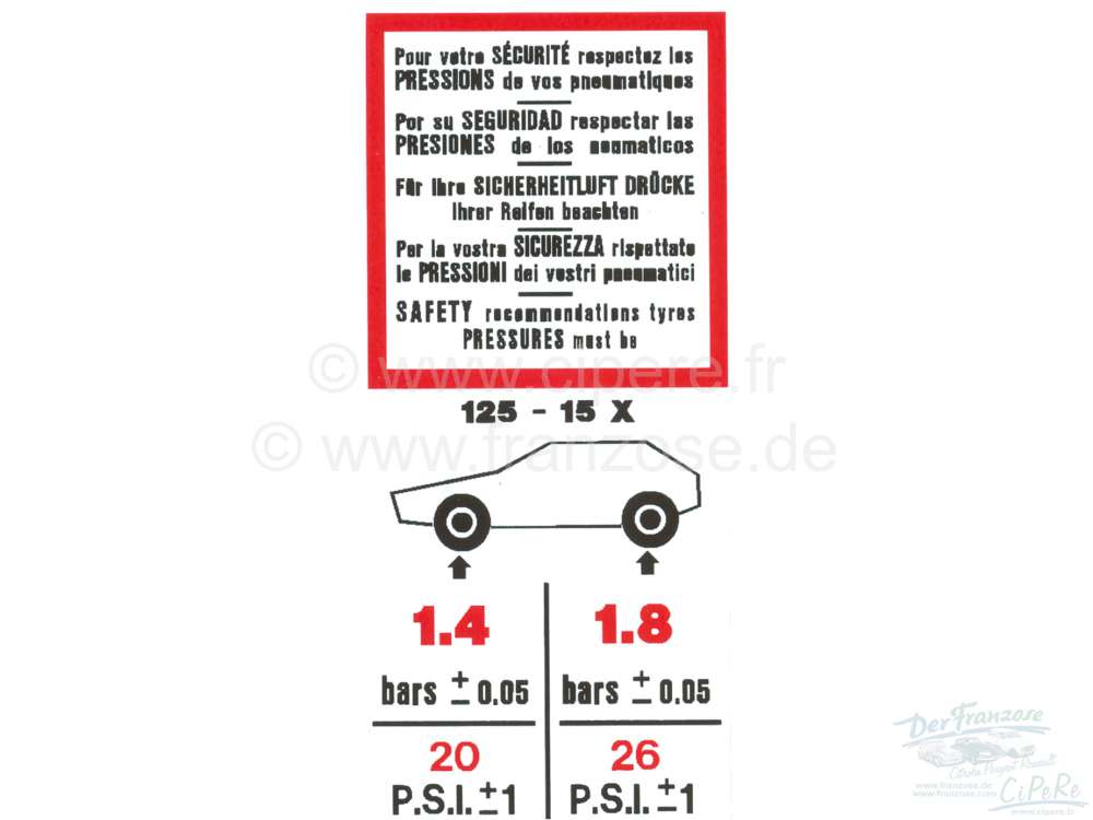 Citroen-2CV - autocollant pression pneumatiques, Citroën 2CV, en 5 langues, rouge-blanc-noir, refabrica