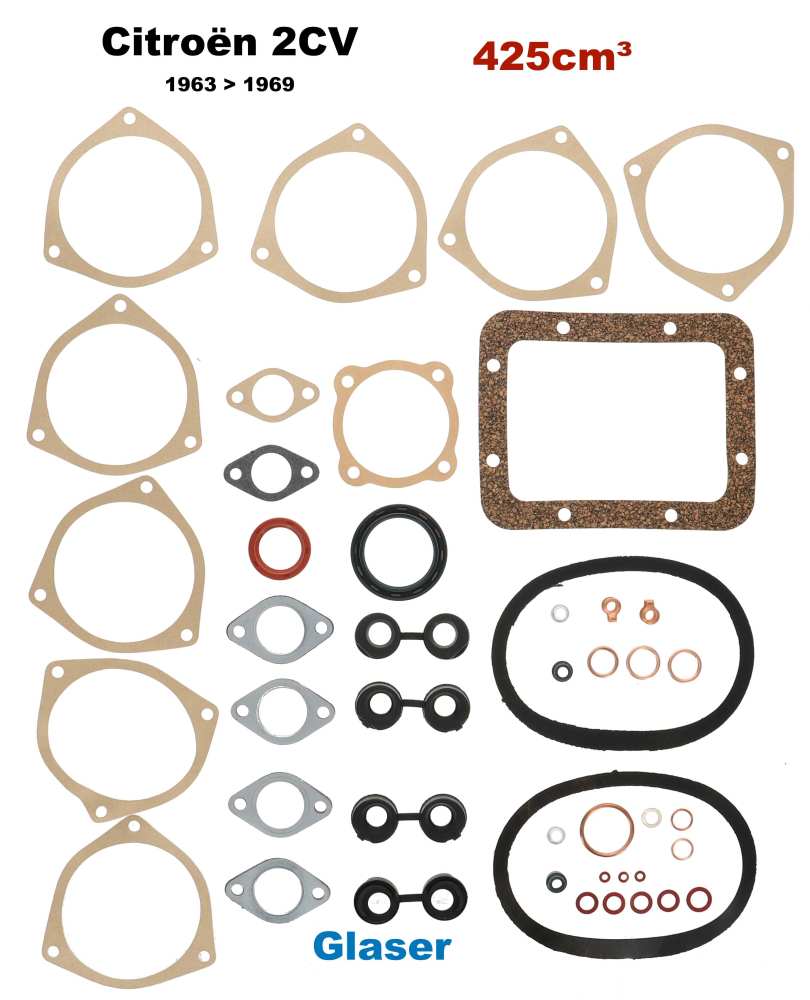 Citroen-2CV - pochette moteur complète, Citroën 2CV moteur 425cm³ de 1963 à 1969, pistons de diam. 6