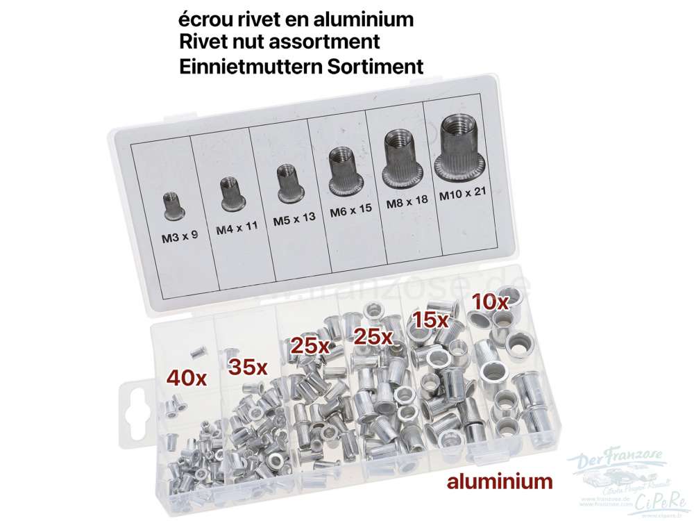 écrou rivet en aluminium, assortiment comprenant: 40x M3, 35x M4, 25x M5,  25x M6, 15x M8, 10x M10. Insert permettant de