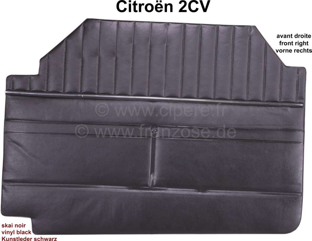 Citroen-2CV - panneau de porte, Citroën 2CV, skai noir, avant droite, grand modèle pour portière sans