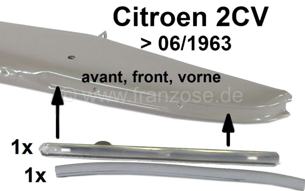 Citroen-2CV - baguette latérale aluminium sur pare-chocs avant, Citroën 2CV de 1958 à 1963, baquette 