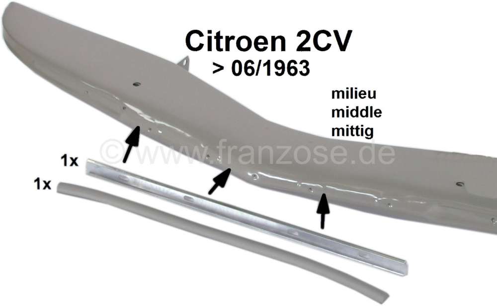 Citroen-2CV - baguette milieu aluminium sur pare-chocs avant, Citroën 2CV de 1958 à 1963, baquette en 