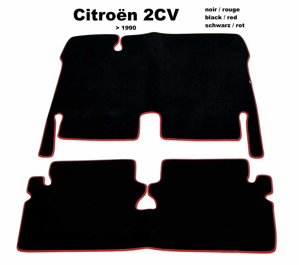 Sonstige-Citroen - tapis de sol, Citroën 2cv de 12.1967 à 1990, moquette velours noir avec un liseret rouge