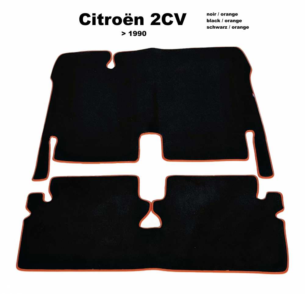 Citroen-DS-11CV-HY - tapis de sol, Citroën 2cv de 12.1967 à 1990, moquette velours noir avec un liseret orang