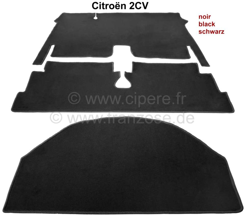 Citroen-2CV - tapis de sol, Citroën 2cv, moquette velours noir borduré noir, avant + arrière + coffre