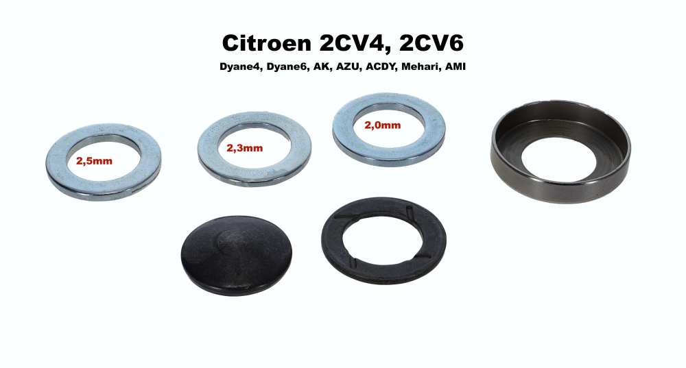 Citroen-2CV - kit 3 rondelles entretoises pour axe de pivot, Citroën 2cv, épaisseurs 2,0 + 2,3 + 2,5mm