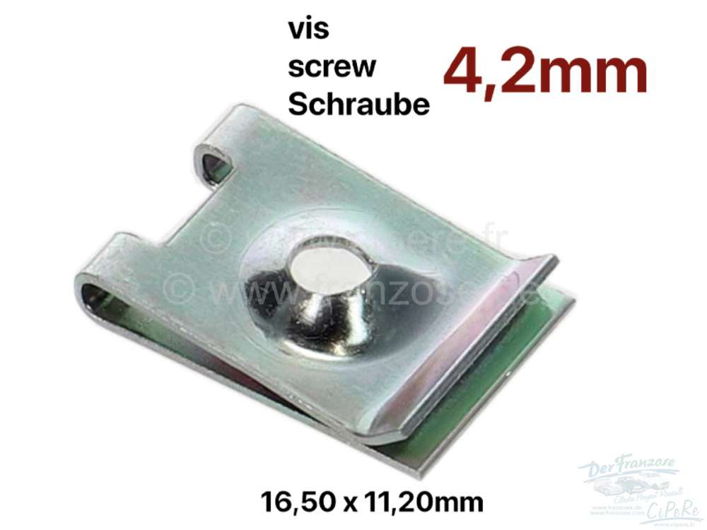 Citroen-2CV - clip écrou, dimensions 16,50 x 11,20mm, l'unité, pour vis à tôle de 4,2mm