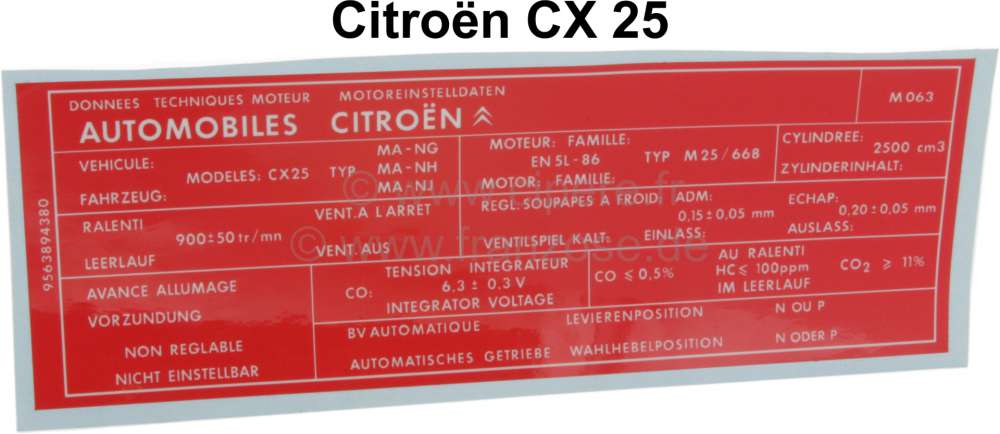 Sonstige-Citroen - autocollant, Citoën CX 25 moteur M063, Données techniques moteur