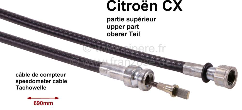 Sonstige-Citroen - câble de compteur, Citroën CX boîte 4 vitesses, partie sup., longueur 690mm, n° d'orig