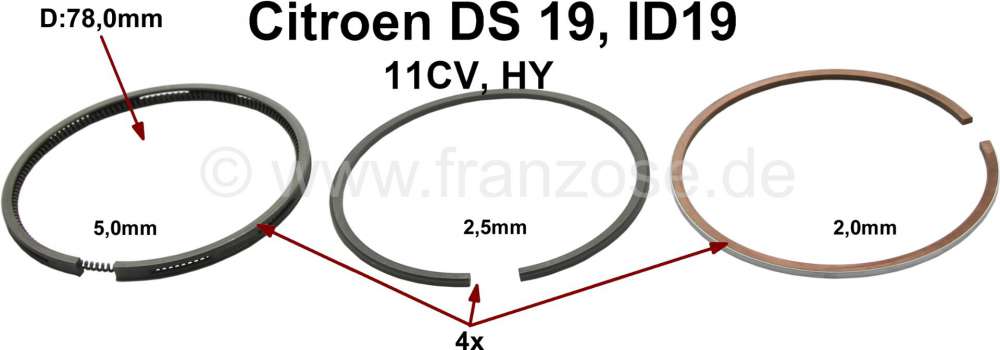 Renault - segments, jeu pour 4 pistons, ID/DS19, HY, Traction, diamètre 78mm, taille : 2-2,5-5 mm
