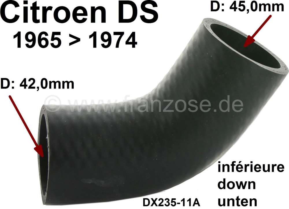Alle - durite inf. de radiateur, DS après 1965, du radiateur au coude d'eau, diam. int. 42mm et 