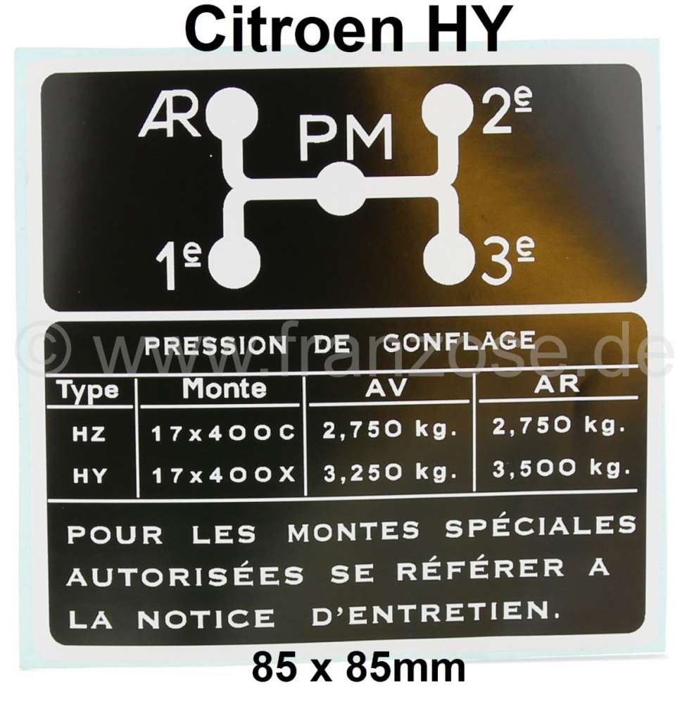 Citroen-DS-11CV-HY - autocollant grille de passage des vitesses, Citroën HY, avec pression de gonflage pour le