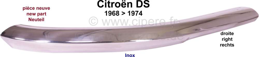 Alle - lame de pare-choc avant droite, Citroën DS de 1968 à 1974, refabrication en Inox, livré