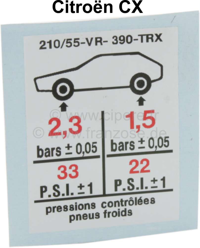 Alle - autocollant, Citroën CX, pression des pneus 215/55-VR-390-TRX