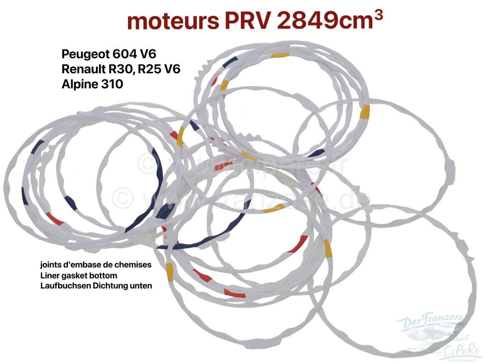 Alle - joints d'embase de chemises, Peugeot 604 V6. Renault R30, R25 V6, Alpine A310, pour moteur
