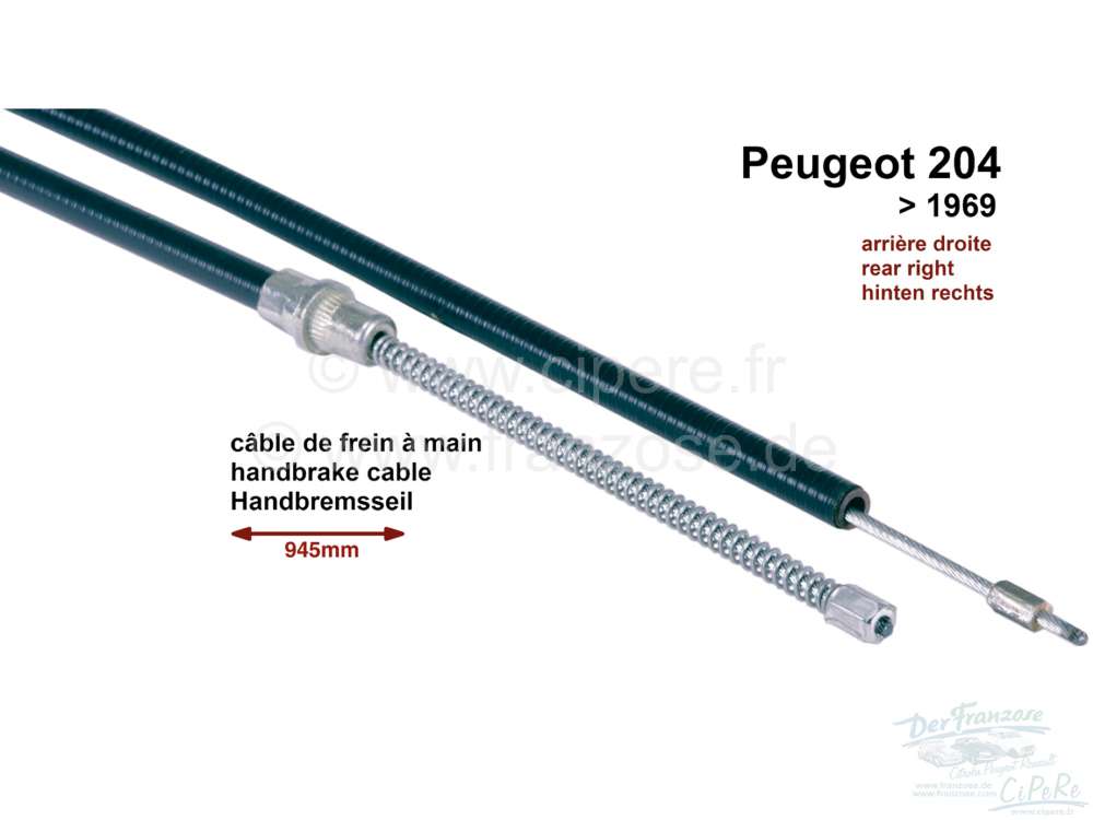 Alle - câble de frein à main, Peugeot 204 jusque 1969, arrière droite, longueur 945/520mm