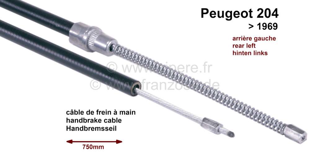 Peugeot - câble de frein à main, Peugeot 204 jusque 1969, arrière gauche, longueur 750/515mm