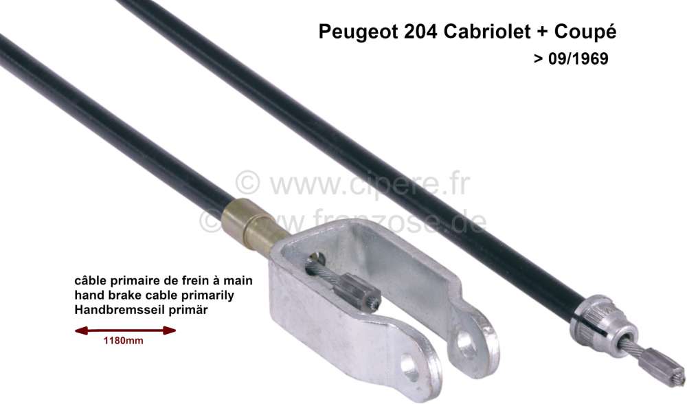 Peugeot - câble primaire de frein à main, Peugeot 204 cabriolets + coupés jusque 09.1969, longueu