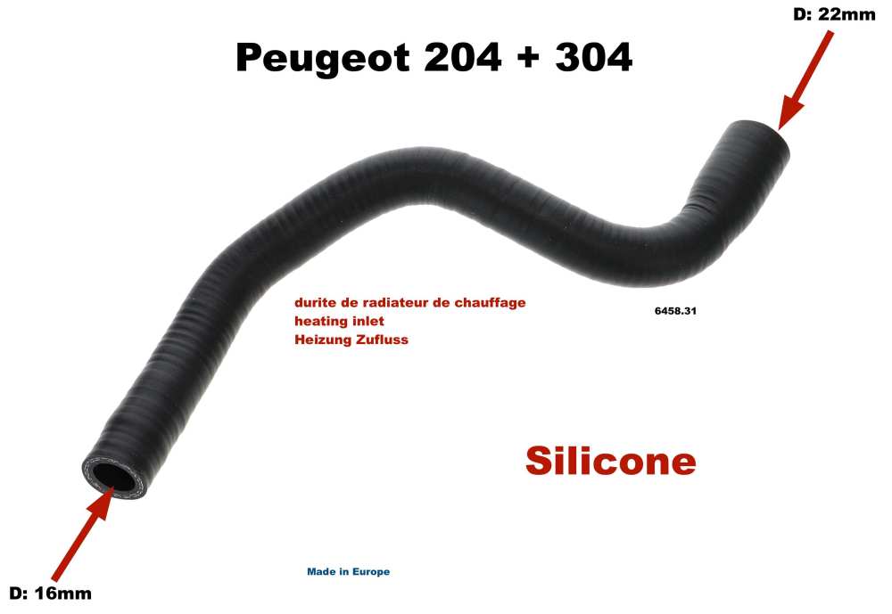 Peugeot - durite de radiateur de chauffage, Peugeot 204, 304, pour l'alimentation, n° d'origine 645