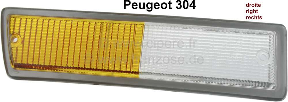 Peugeot - cabochon de clignotant avant droite, Peugeot 304, blanc-orange, entourage gris argent