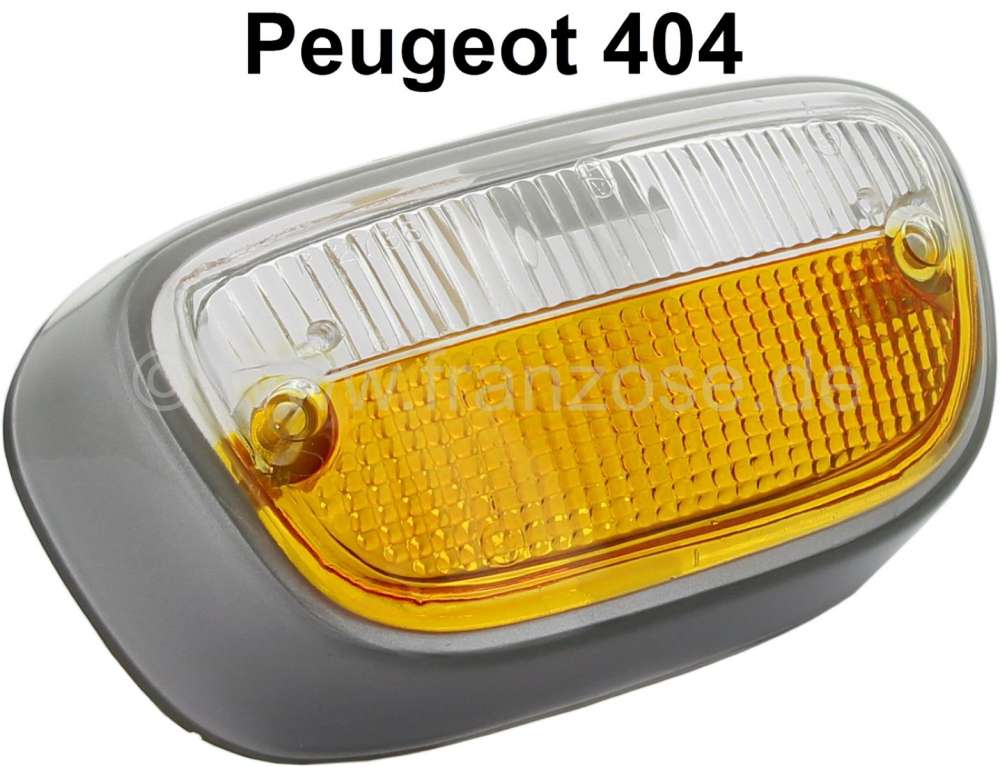 Peugeot - cabochon de clignotant (feux de position) avant, Peugeot 404, blanc-orange, cadre argenté