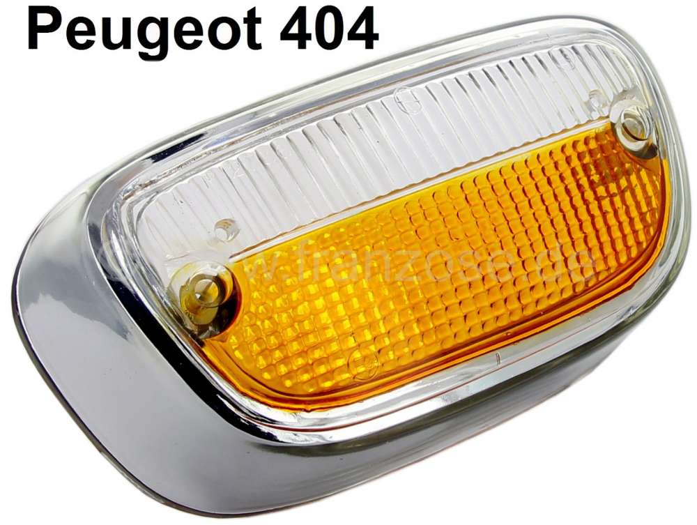 Peugeot - cabochon de clignotant (feux de position) avant, Peugeot 404, blanc-orange, cadre chrome, 