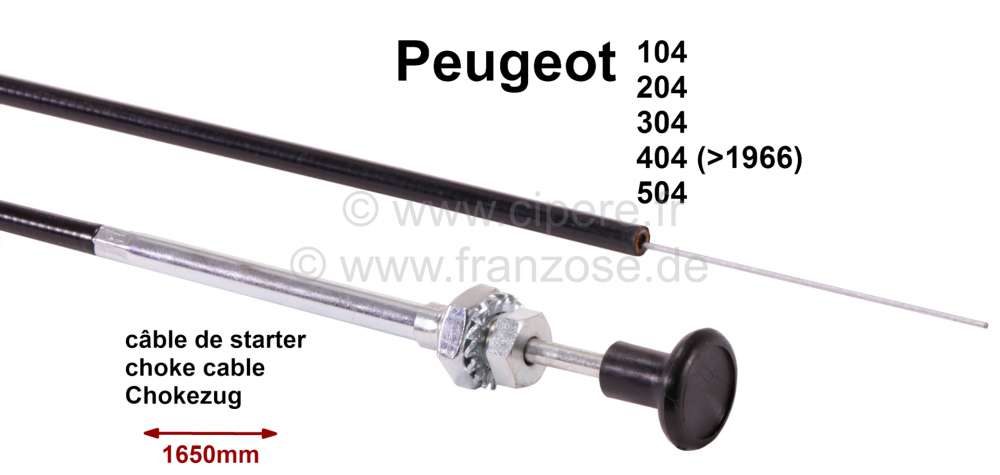Alle - câble de starter, Peugeot 104, 204, 304, 404, 504, 1660/1410mm