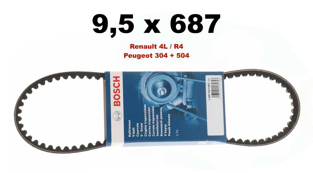 Peugeot - courroie 9,5x690, Renault 4L 845cm³, Peugeot 304 Diesel, Peugeot 504, longueur 687mm