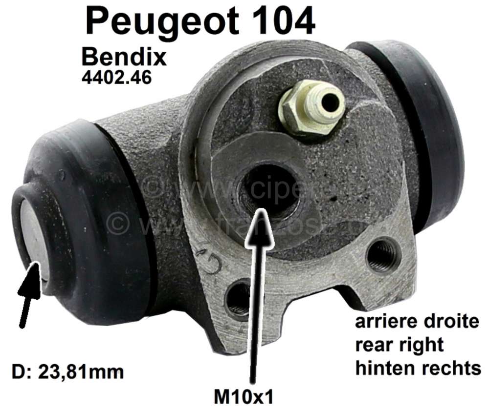 Peugeot - cylindre de roue arrière droite, Peugeot 104, pour freinage Bendix simple circuit à part