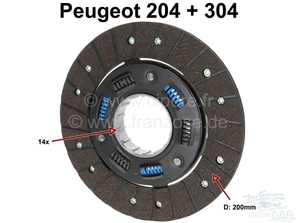 Peugeot - disque d'embrayage, Peugeot 204, diamètre 200mm, 14 dents avec ressorts