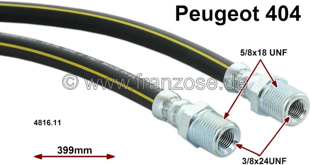 Peugeot - flexible de frein arrière, Peugeot 404, longueur 399mm, mâle/femelle (15,875mm / 9,525 m