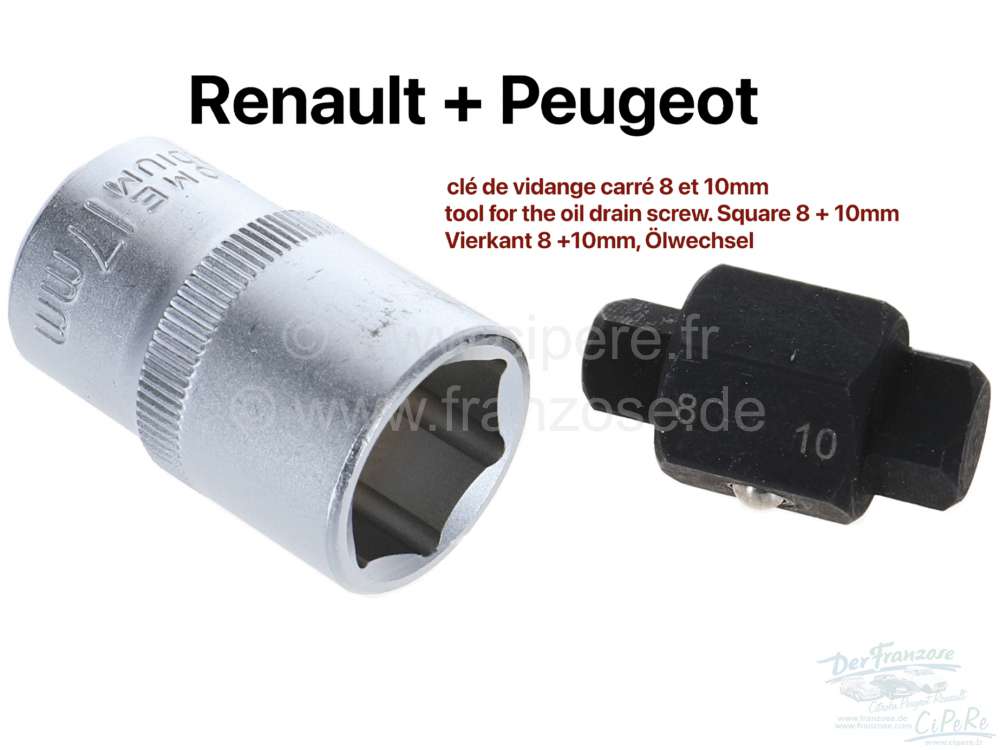 clé de vidange carré 8 et 10mm, Peugeot, Renault