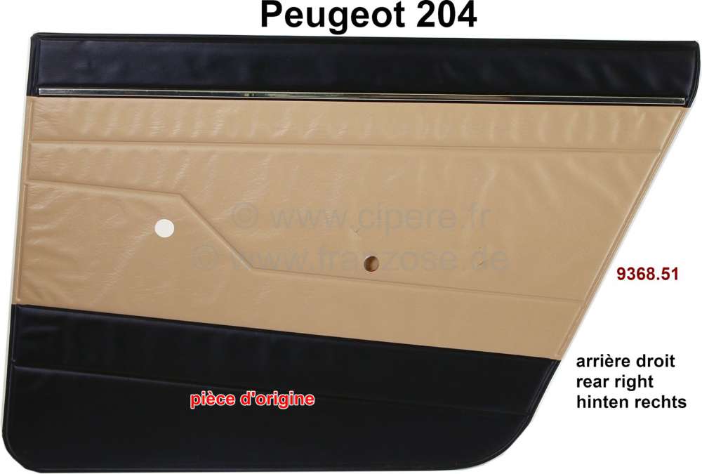 Peugeot - panneaux de porte, Peugeot 204 berline jusque salon 1966, panneau arrière droit, skai cou