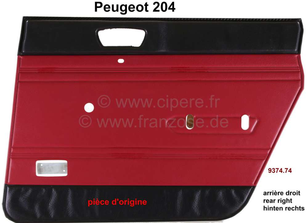 Peugeot - panneaux de porte, Peugeot 204 jusque salon 1972, panneau arrière droit, skai couleur rou