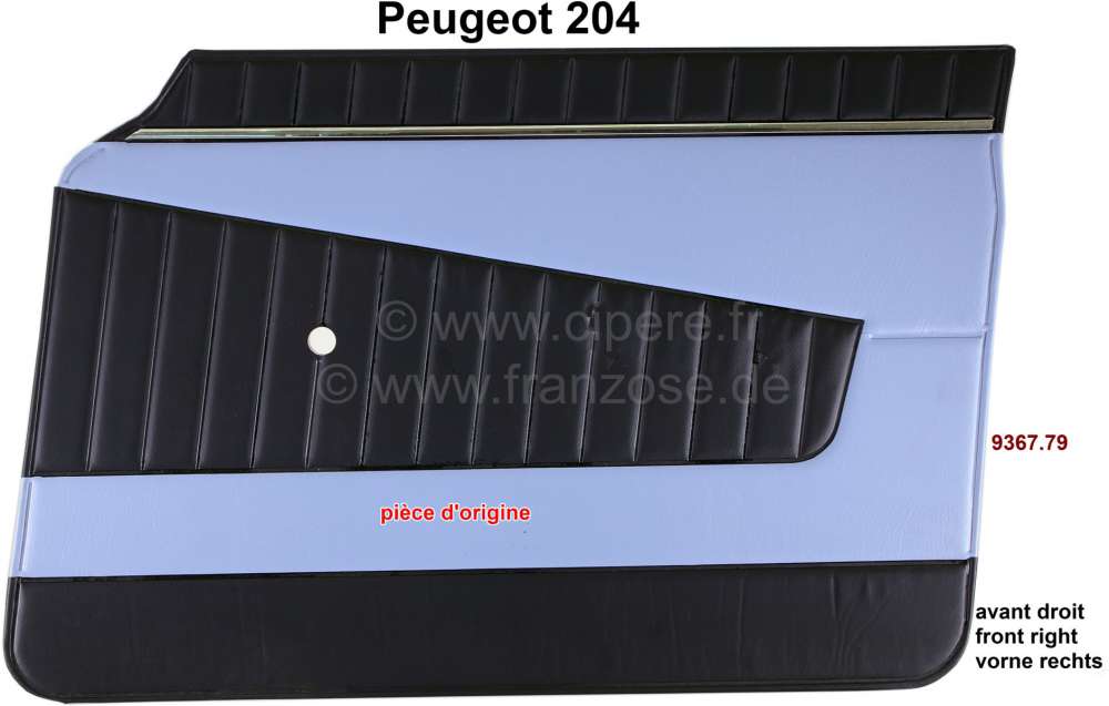 Peugeot - panneau de porte, Peugeot 204 jusque 1968, panneau avant droit, skai couleur bleu pervench