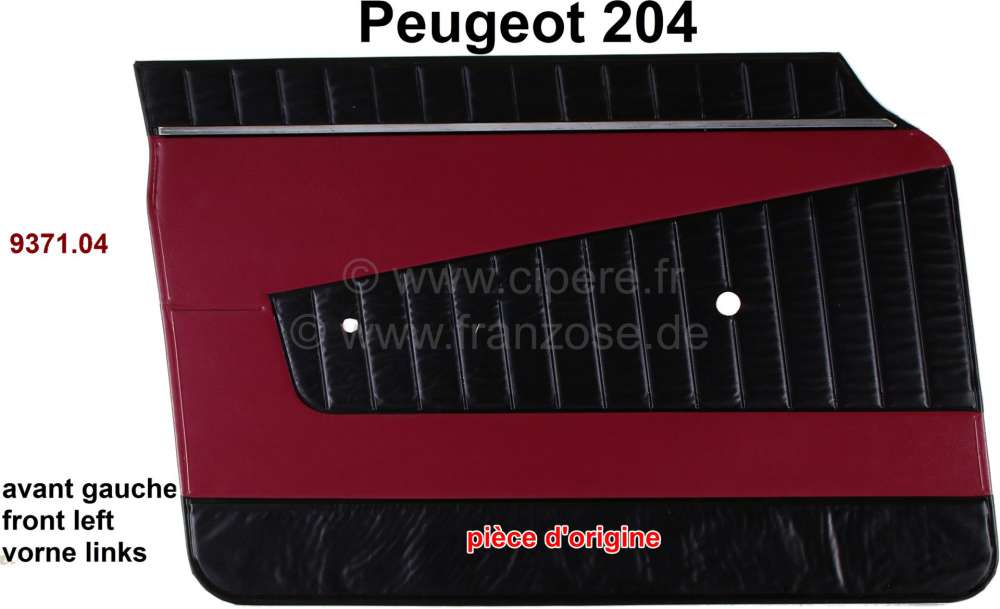 Peugeot - panneau de porte, Peugeot 204 jusque 1968, panneau avant gauche, skai couleur rouge et noi
