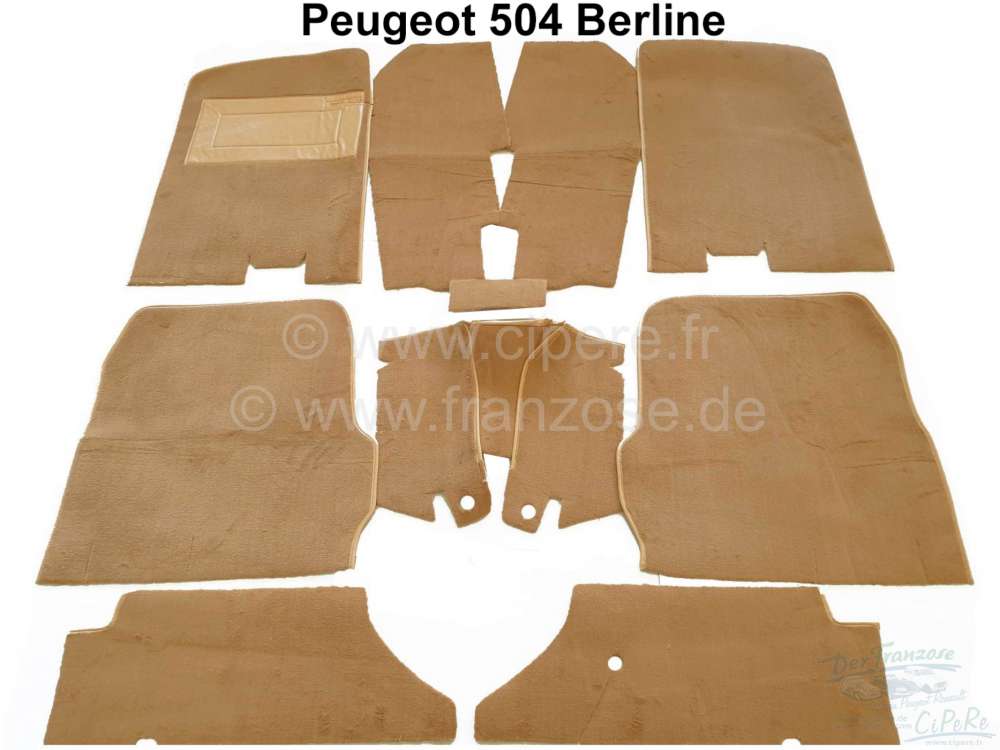 Peugeot - tapis de sol, Peugeot 504 berline, moquette beige, jeu de 9 pces, finition des bordures en
