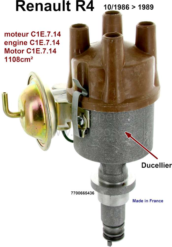 Renault - allumeur, Renault 4L de 10.1976 à 1989 1,1l. 2370-210B, moteur C1E.7.14., allumage Ducell