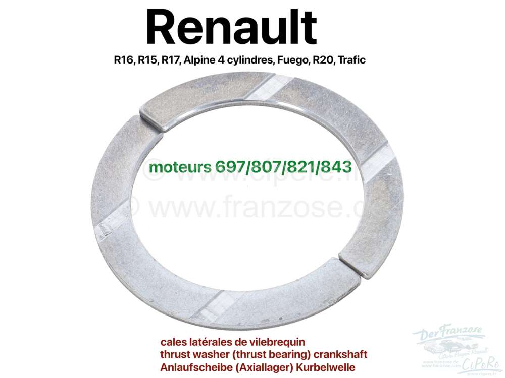 Renault - cales latérales de vilebrequin, Renault R16, R15, R17, Alpine 4 cylindres, Fuego, R20, Tr