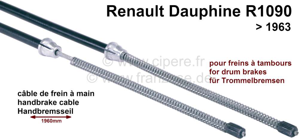Alle - câble de frein à main, Renault Dauphine R1090 jusque 1963, Dauphine Gordini R1091  jusqu