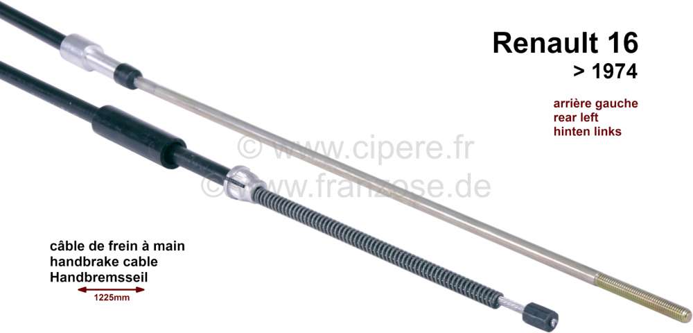 Renault - câble de frein à main, Renault 16 jusque 1974, arrière gauche, longueur 1225/805mm, Att