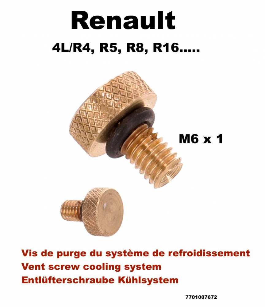 Renault - vis de mise à l'air du circuit de refroidissement, Renault différents modèles (4L, R5, 